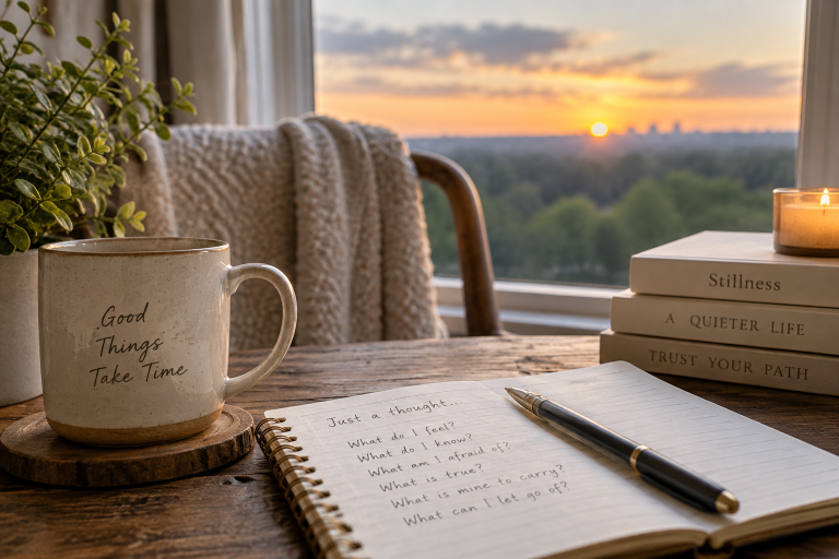 Cozy reading nook with a journal, coffee mug, and sunrise viewed through a window.