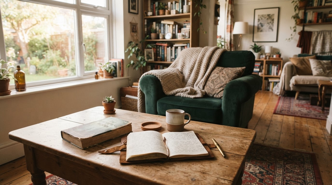 A cozy, lived-in living room with a homey and welcoming atmosphere. On a wooden coffee table sits an open book and a leather-bound journal with a pen. The scene is bathed in warm, soft natural light streaming through a window. The room shows signs of life—a soft throw blanket draped over a comfortable armchair in the background, a few stray coasters, and a small potted plant. It's the perfect, imperfect spot for a reader and a writer to spend an afternoon.