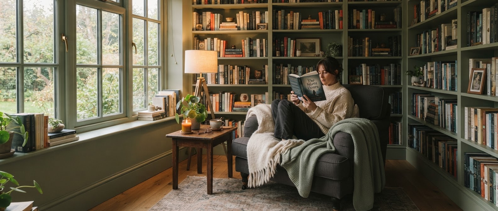 image of library in someone's home. Inviting, warm, sage green, charcoal and neutral color pallet. Reading chair, tea and/or coffee, blankets, windows, lamps or candles. A cozy vibe for sitting down and spending some time reading